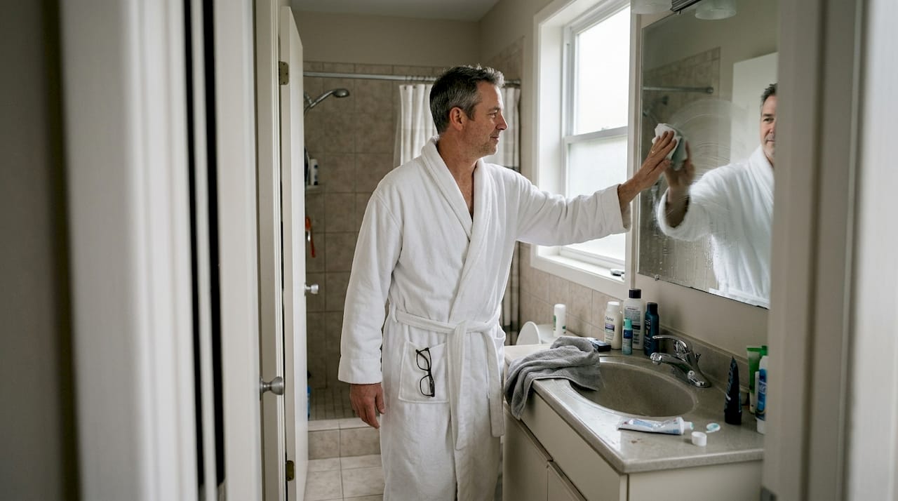 Man in cotton bathrobe after shower