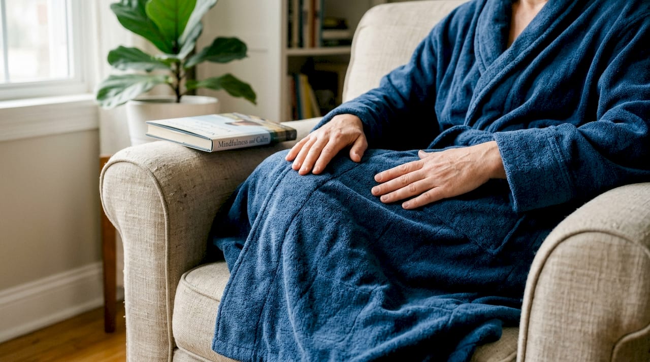 Hands smoothing weighted robe fabric detail