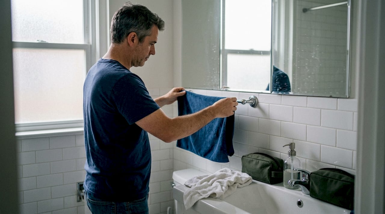 Hanging microfiber towel to dry in bathroom