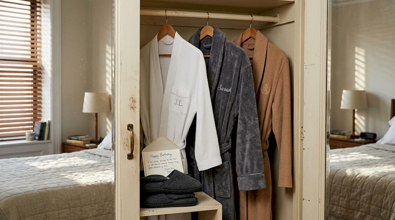 Wardrobe displaying various personalized robe gifts
