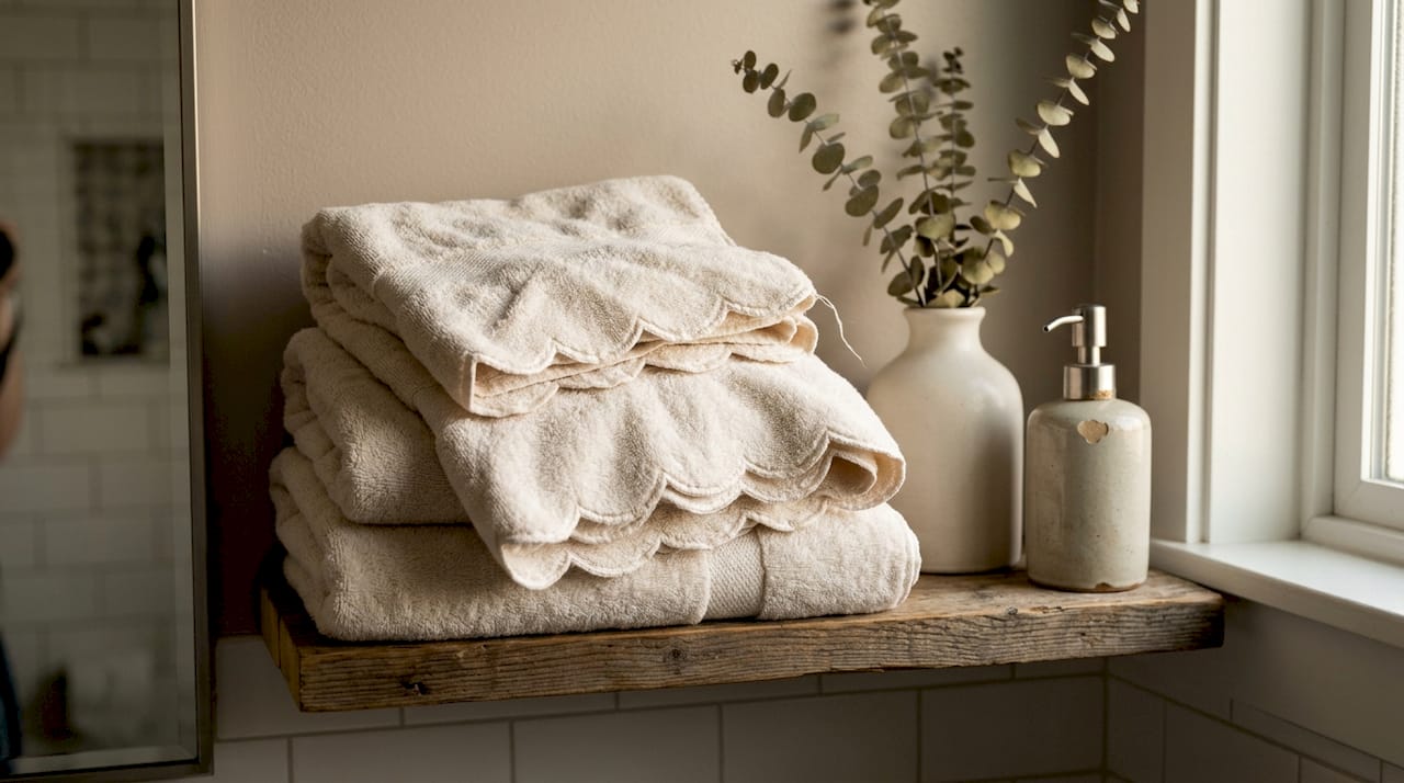 Scallop bath towels on wooden shelf