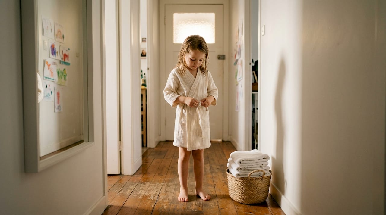 Girl adjusting organic cotton cover-up in hallway
