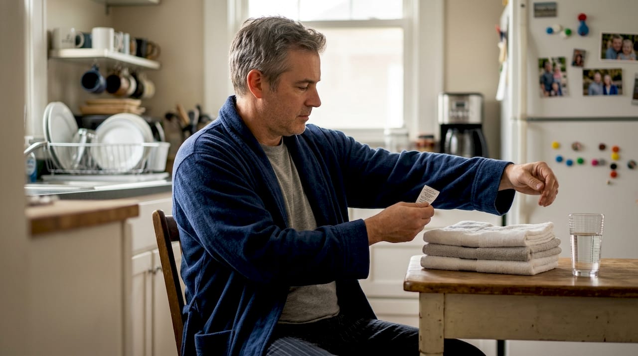 Man testing cotton bathrobe fit at table