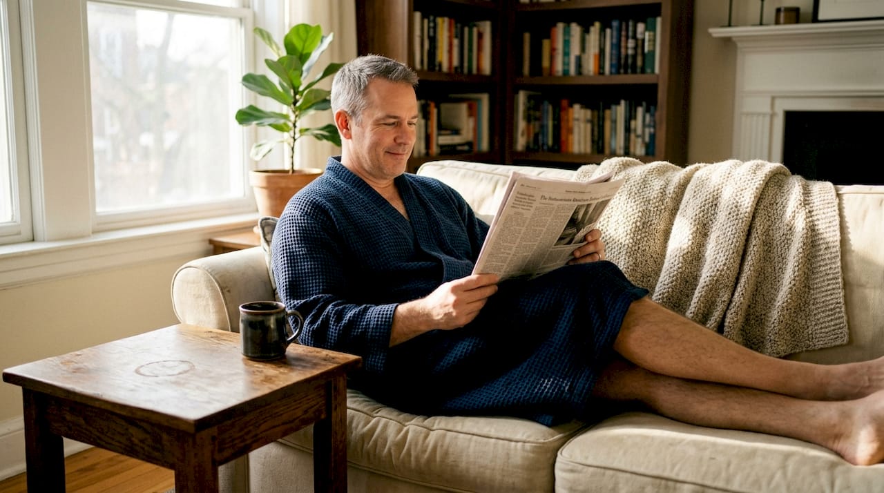 Man in waffle weave bathrobe reading newspaper