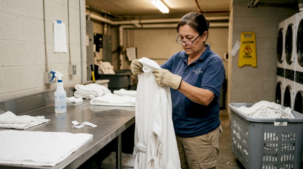 Hotel laundry staff inspecting bathrobes
