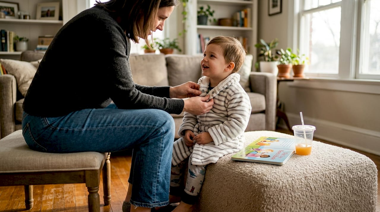 Parent securing child’s robe in living room