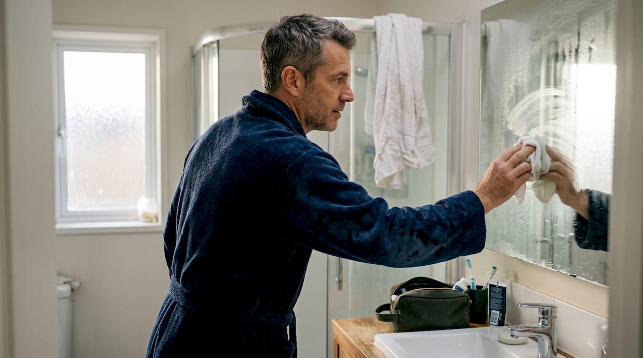 Man in plush robe after shower morning routine