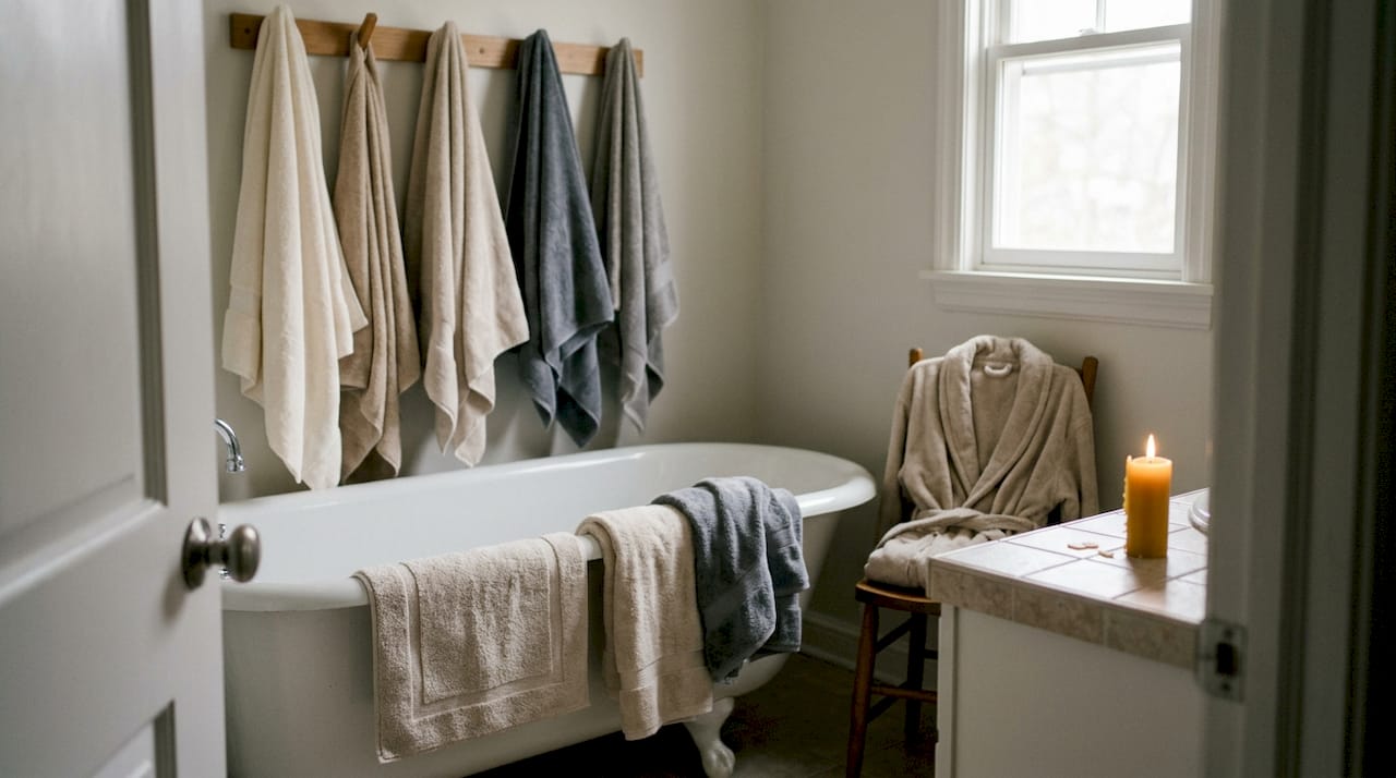 Coordinated towels and mats in elegant bathroom