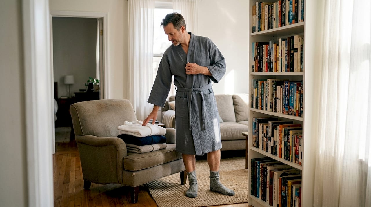 Man adjusting stylish robe beside bookshelf
