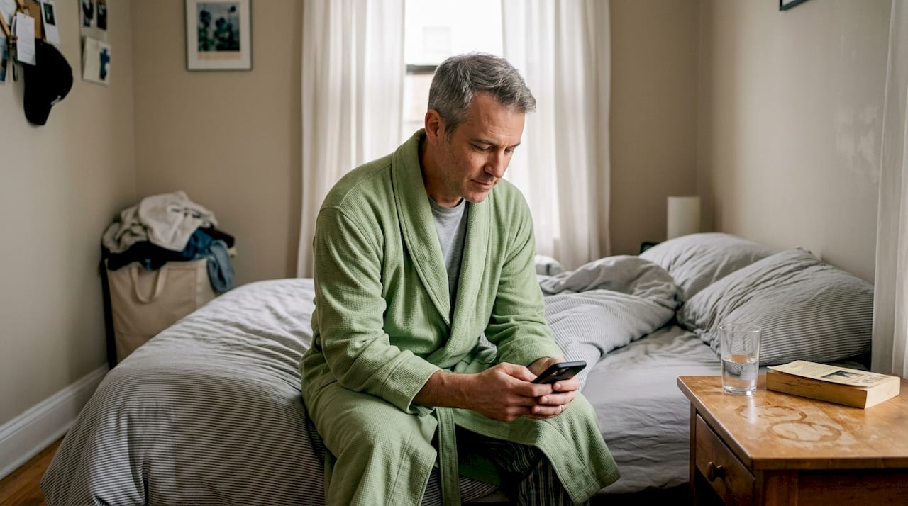Man wearing bamboo bathrobe in bedroom