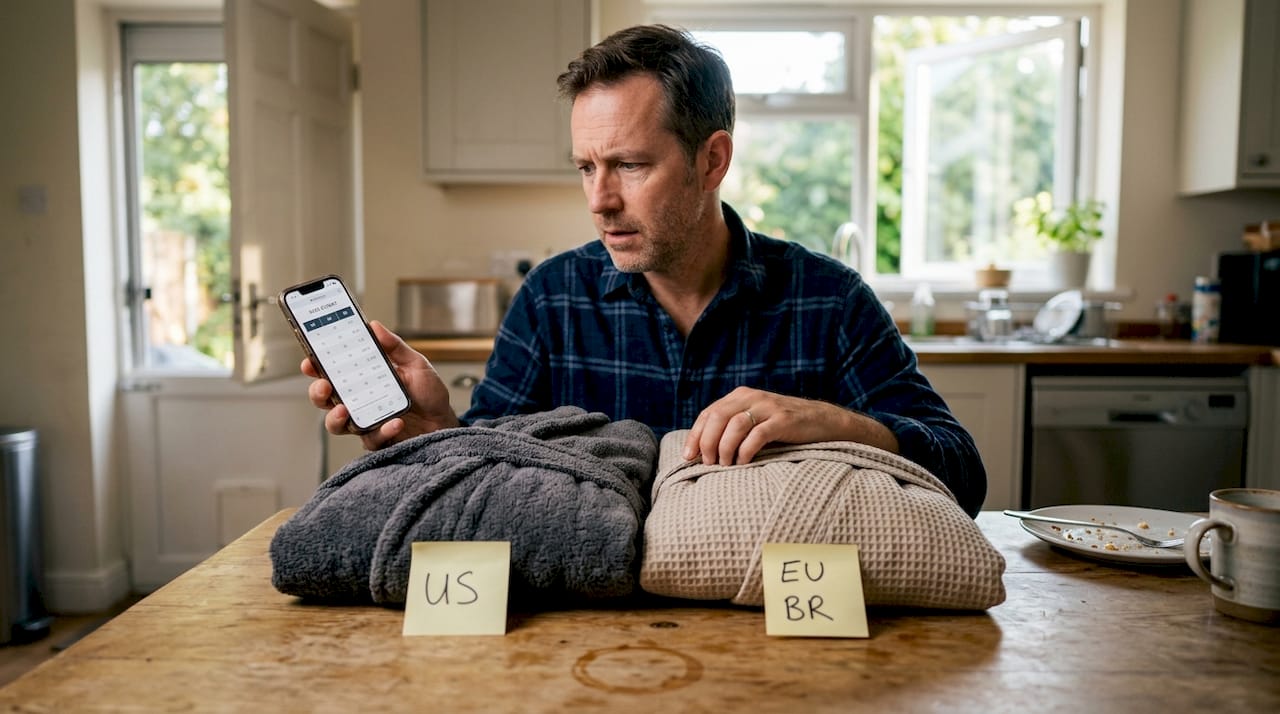 Man compares international robe sizes at table