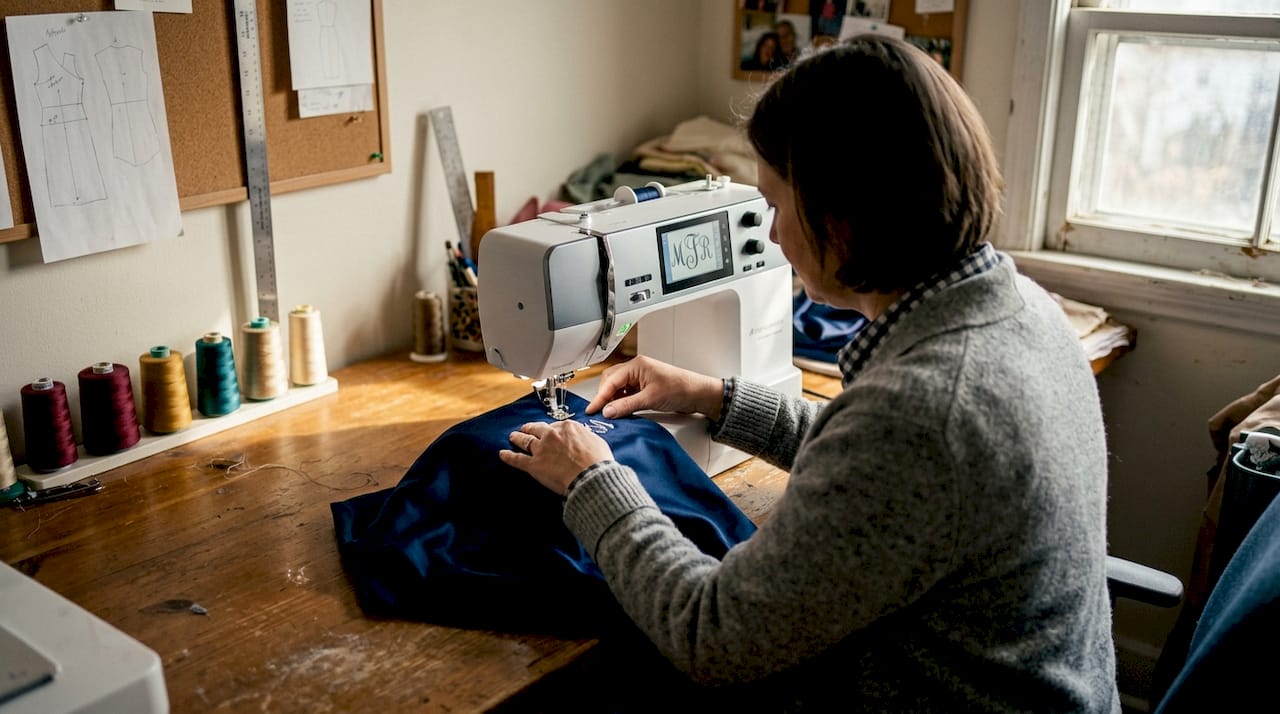 Seamstress positions robe for embroidery machine