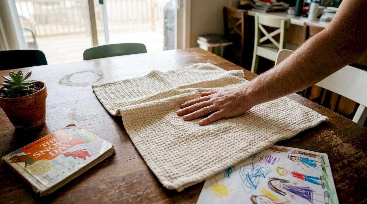 Close-up of hand checking towel fabric texture