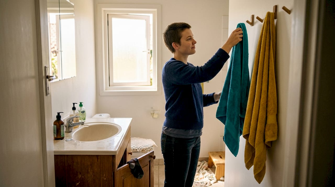 Color-coded towels hung in family bathroom