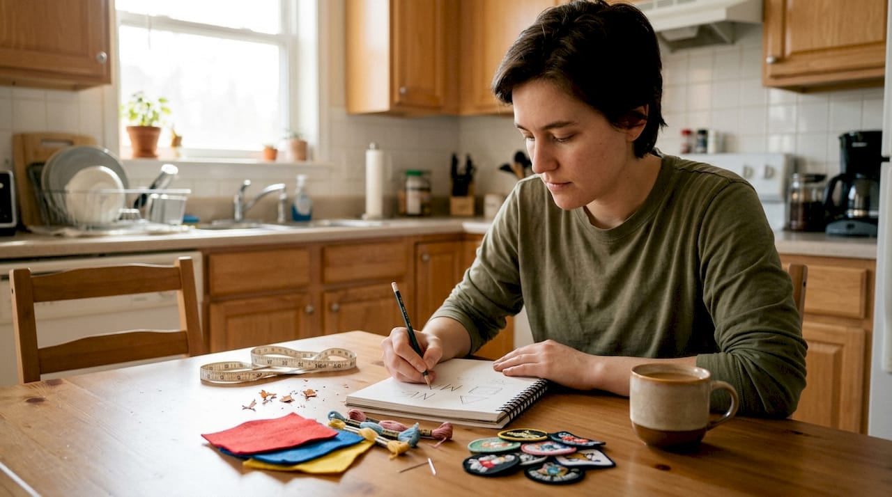 Person sketching loungewear patch ideas at table