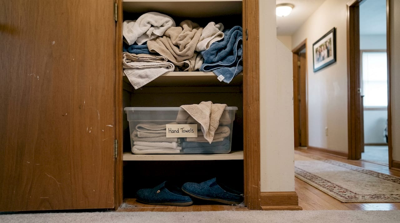 Overflowing towel shelf in closet with bin