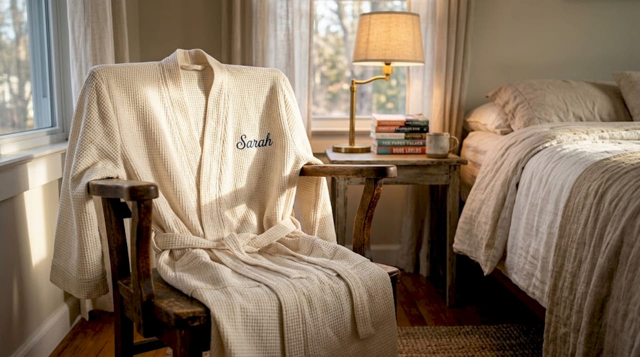 Embroidery detail on personalized robe in bedroom
