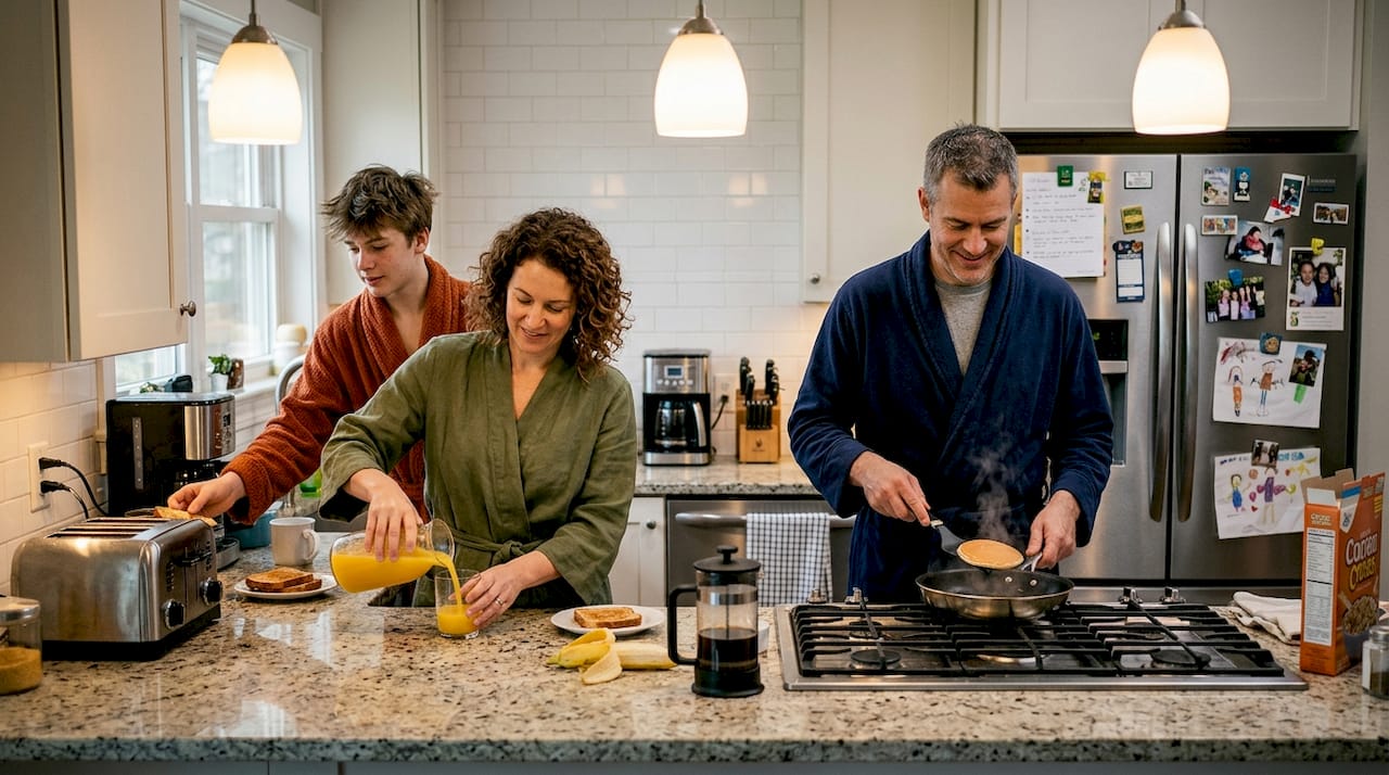 Family in robes sharing kitchen breakfast