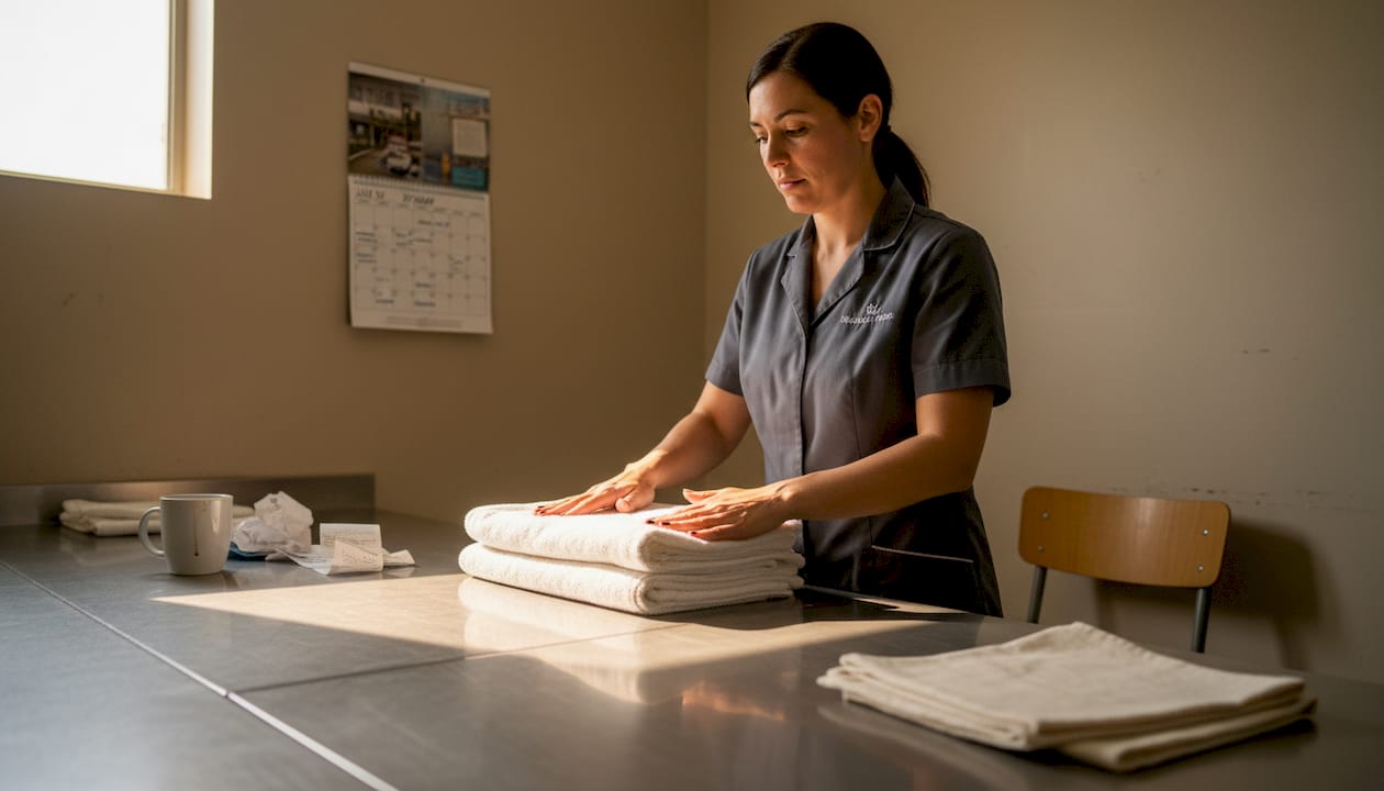 Staff inspecting spa linen quality in break room