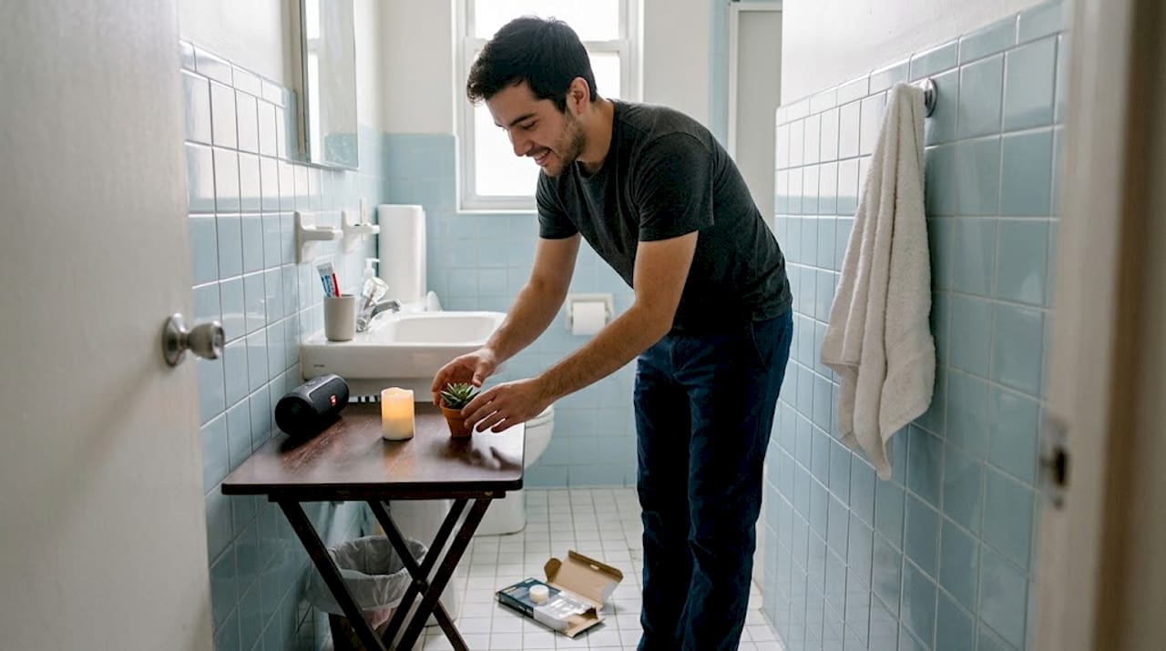 Portable spa setup in small apartment bathroom