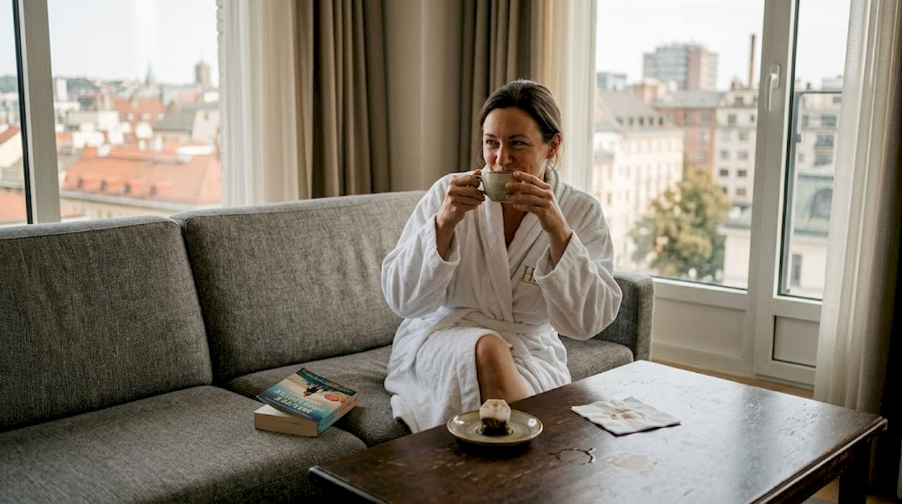 Guest enjoying branded bathrobe in hotel room