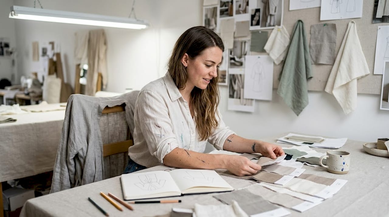 Designer assessing unisex robe fabric choices