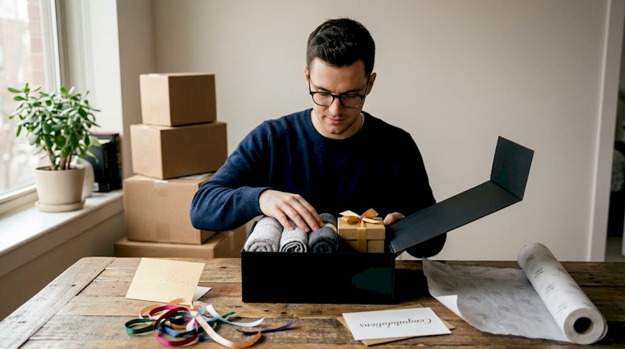 Man packaging bath gifts in premium box