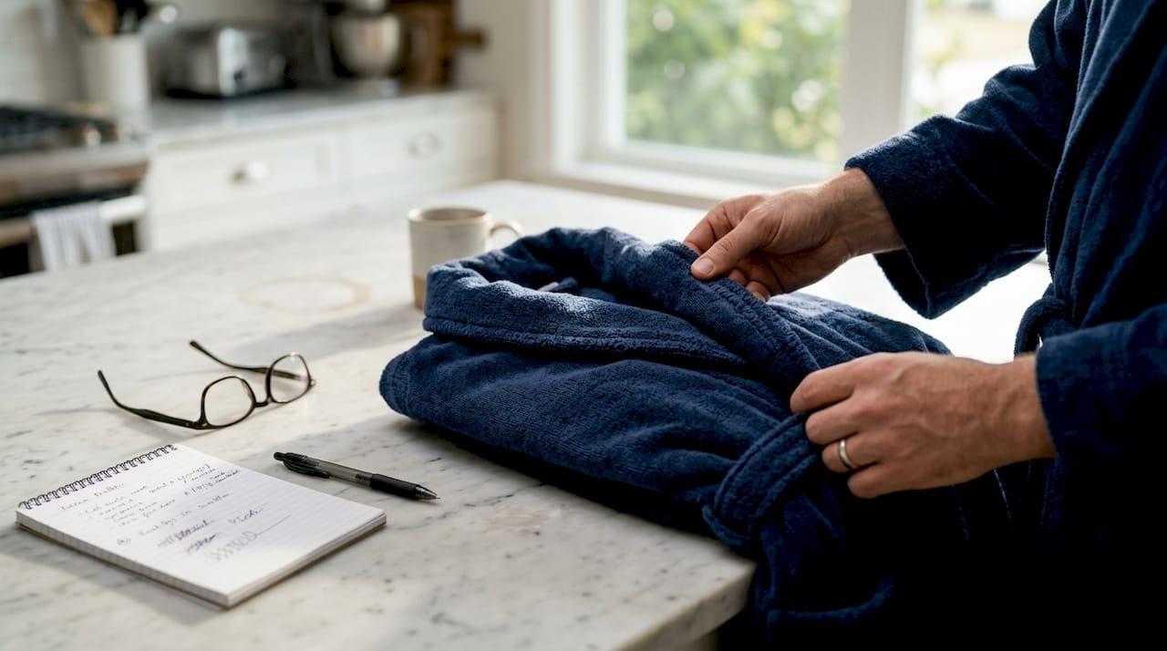 Hands inspecting bathrobe stitching details