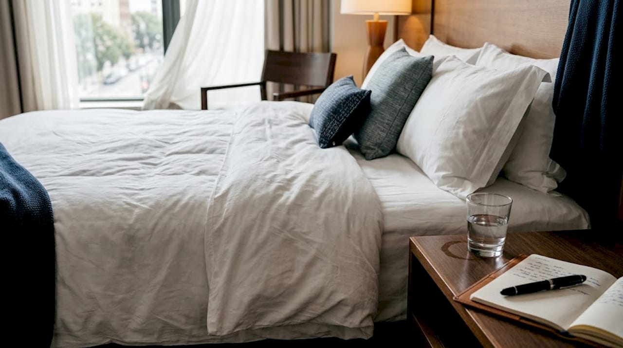 Close-up luxury hotel bed linens and duvet