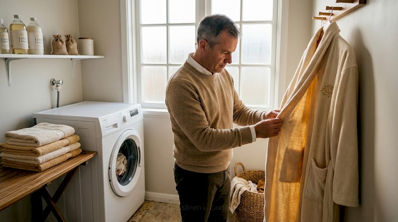 Man checking bathrobe durability in laundry room