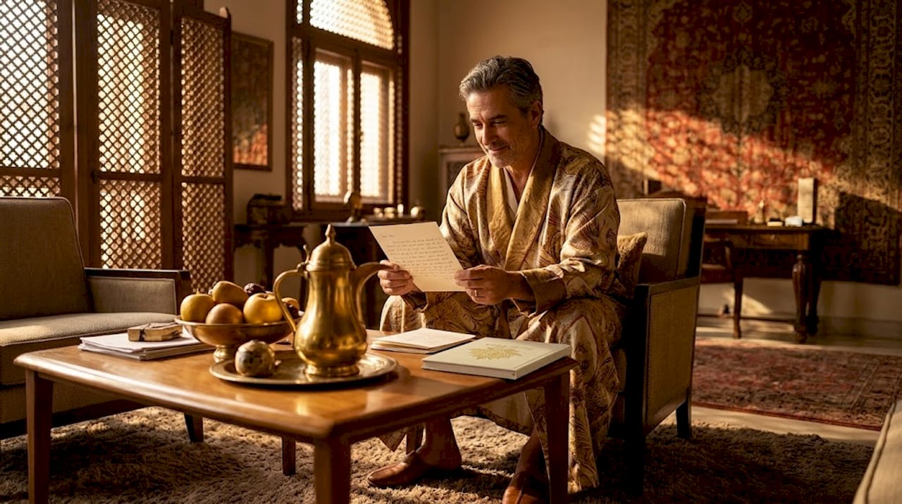 Man reads letter wearing Persian luxury robe