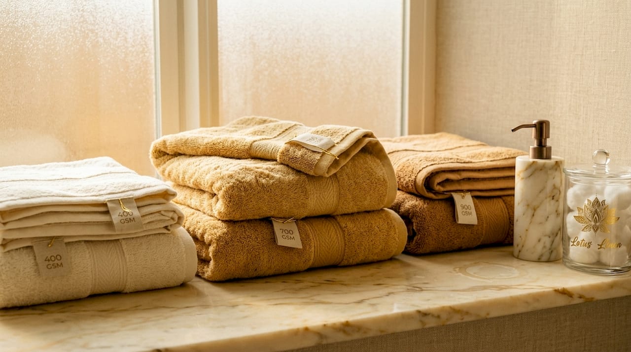 Three stacks of towels showing GSM ratings