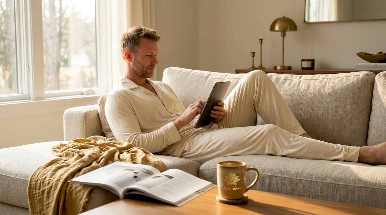 Man wearing moisture-wicking pajamas at home