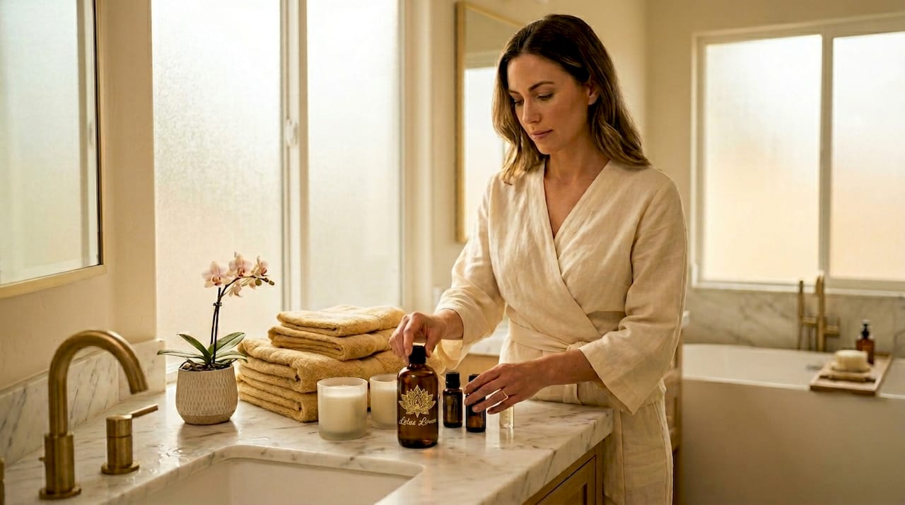 Woman arranging spa scents in bathroom