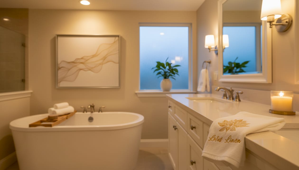 Layered lighting in luxury spa bathroom