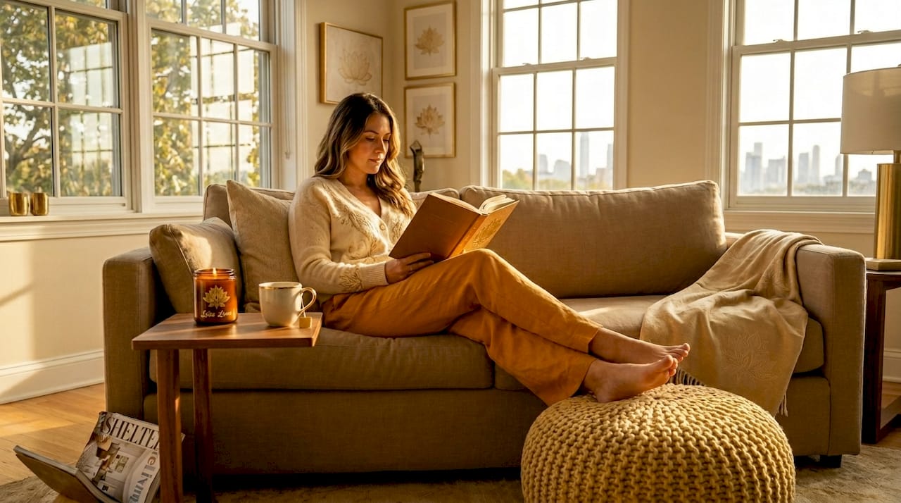Woman reading in comfortable loungewear at home