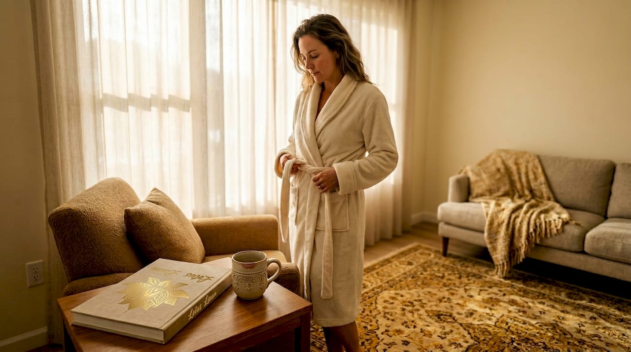 Woman tying soft shawl collar robe in cozy living room
