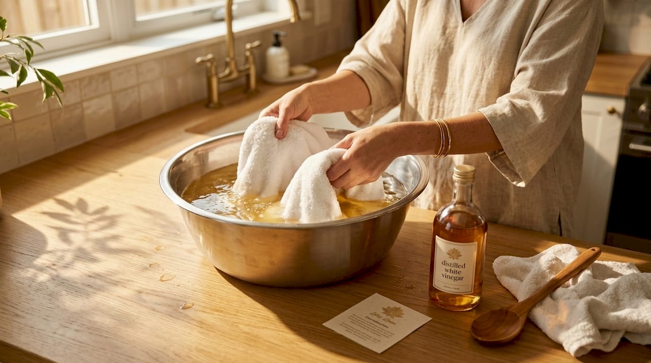 Person soaking towels in kitchen basin