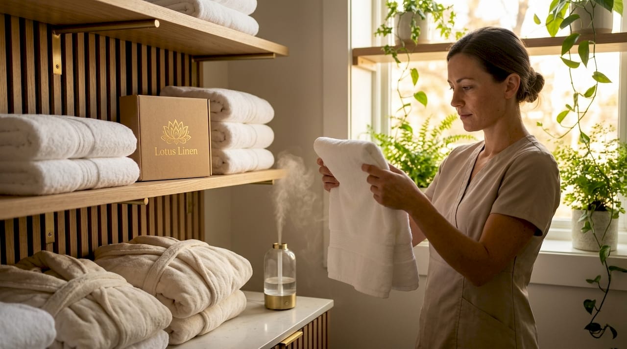 Spa attendant inspecting fresh folded towels