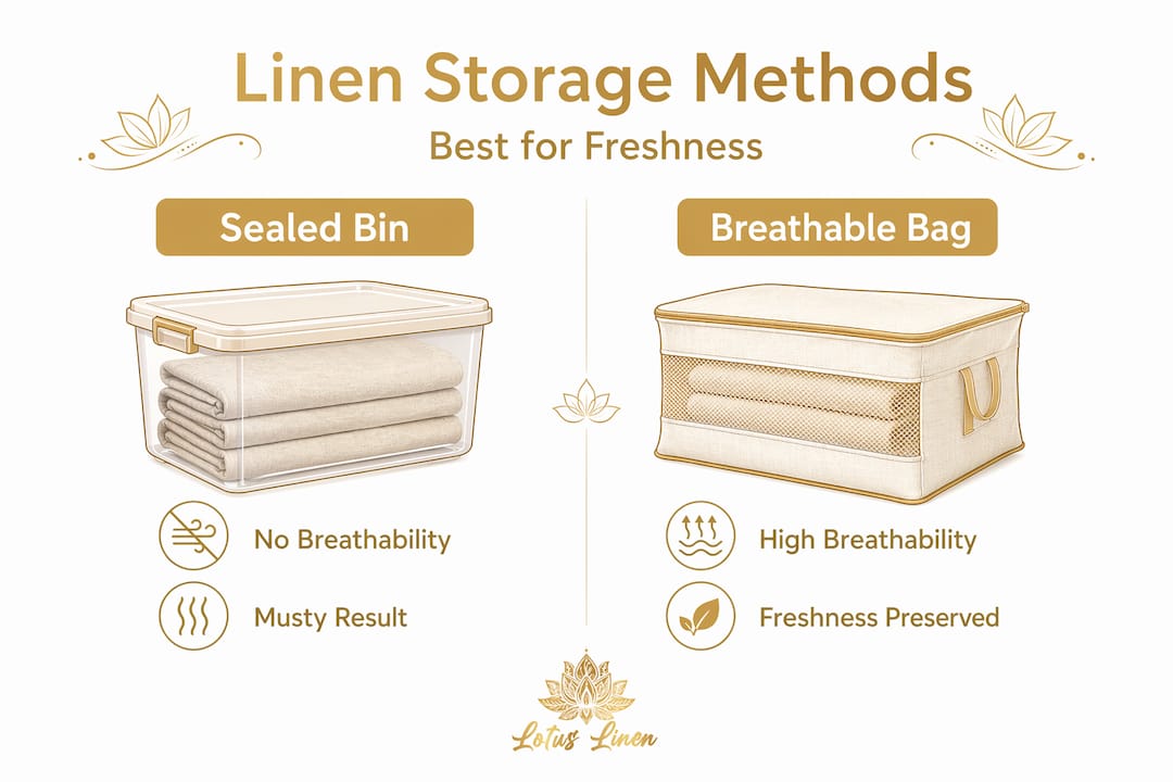 Infographic comparing linen storage methods and freshness results