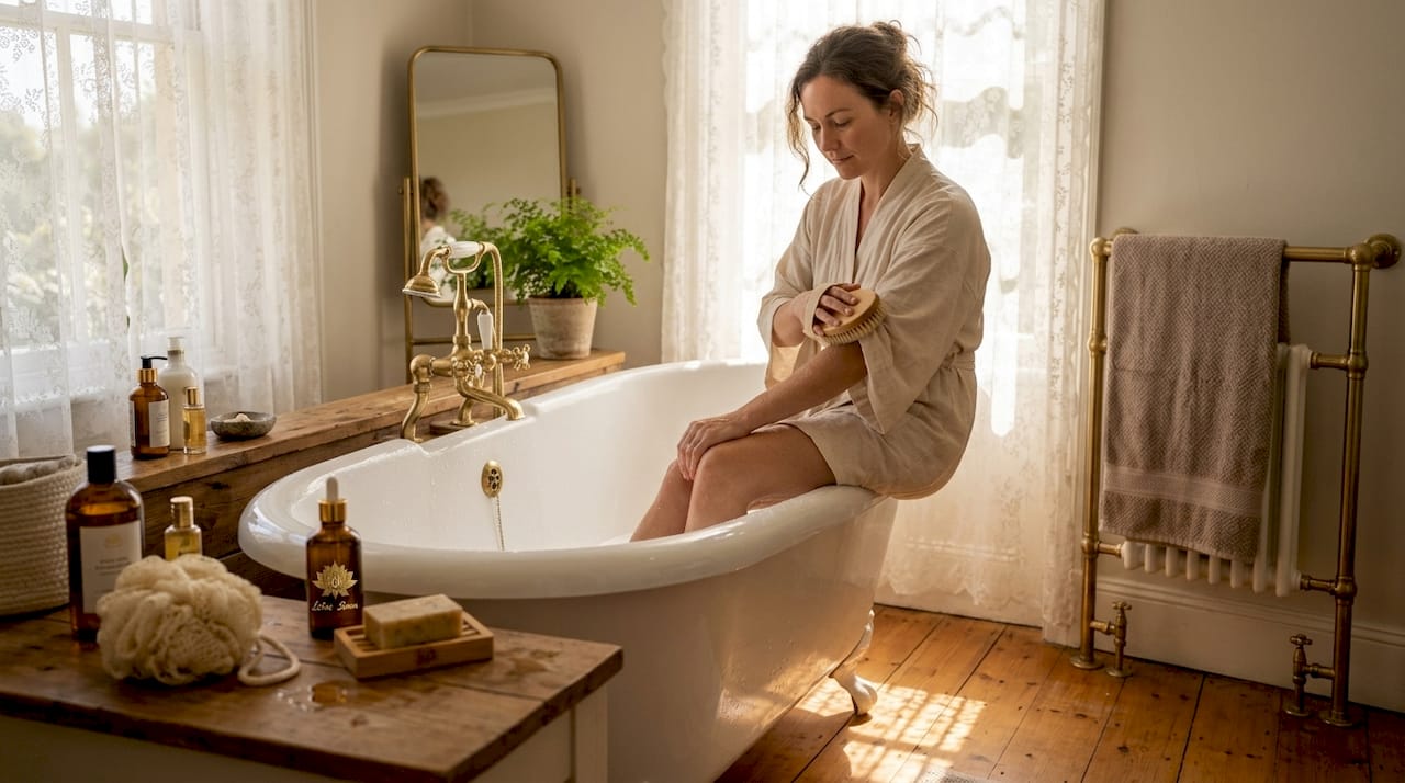 Woman using eco-friendly bath accessories in bright bathroom