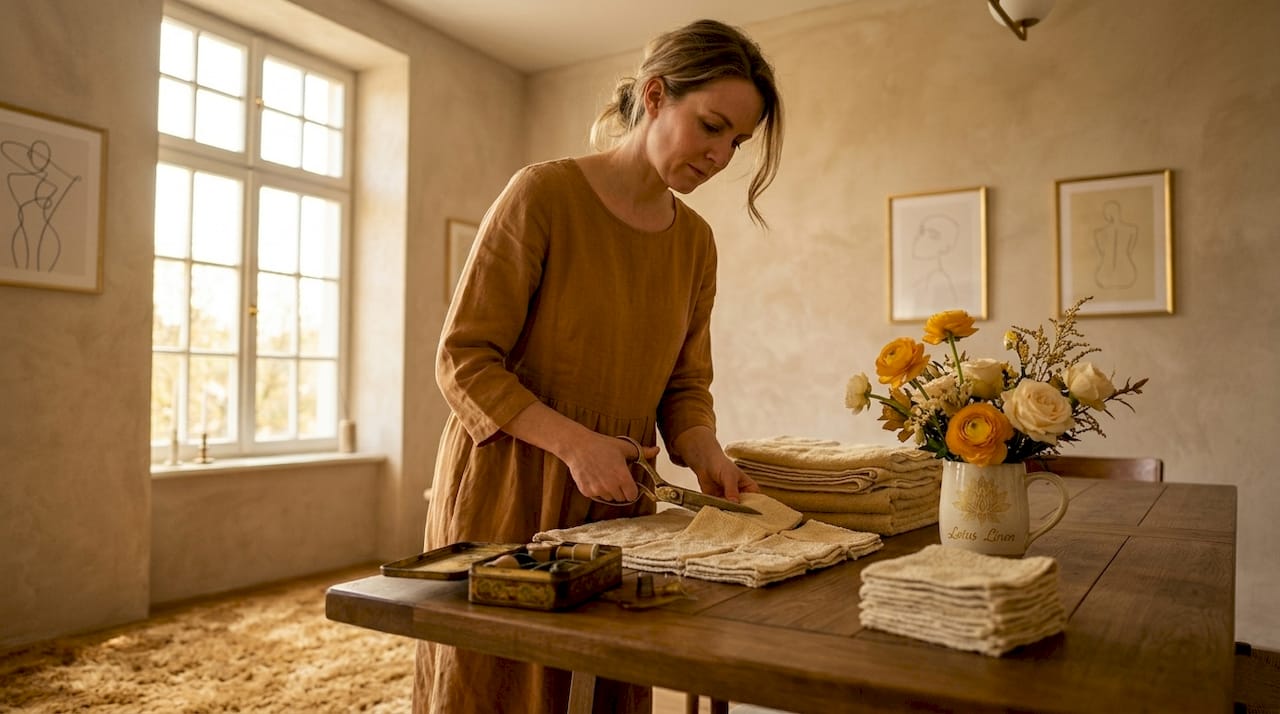 Woman cutting old towel for reuse in kitchen