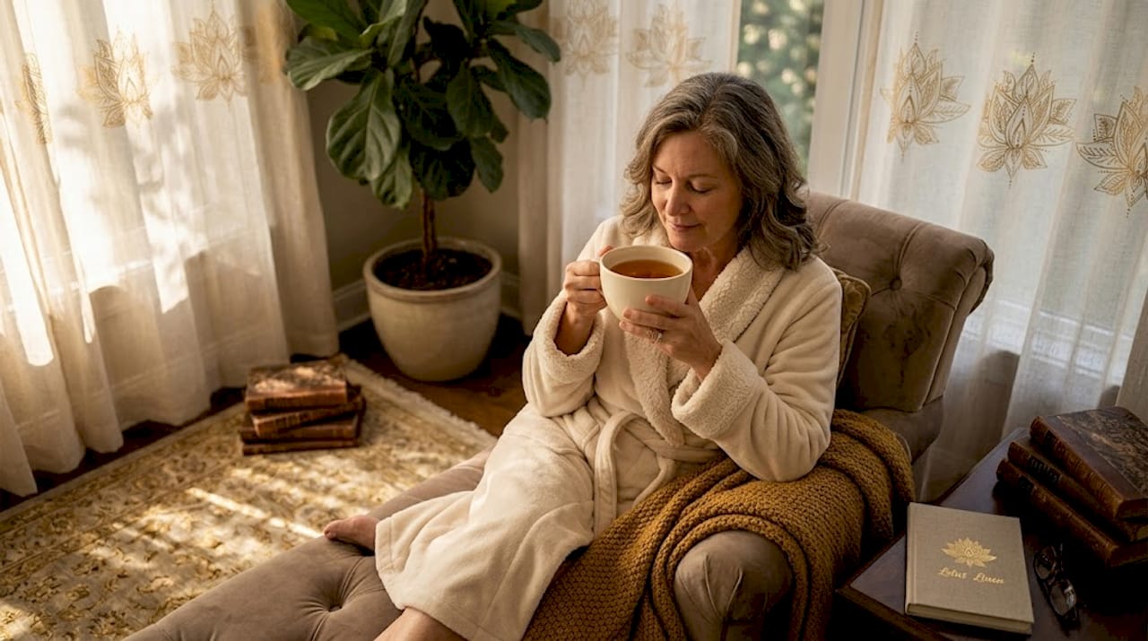 Woman in fleece-lined bathrobe relaxing at home