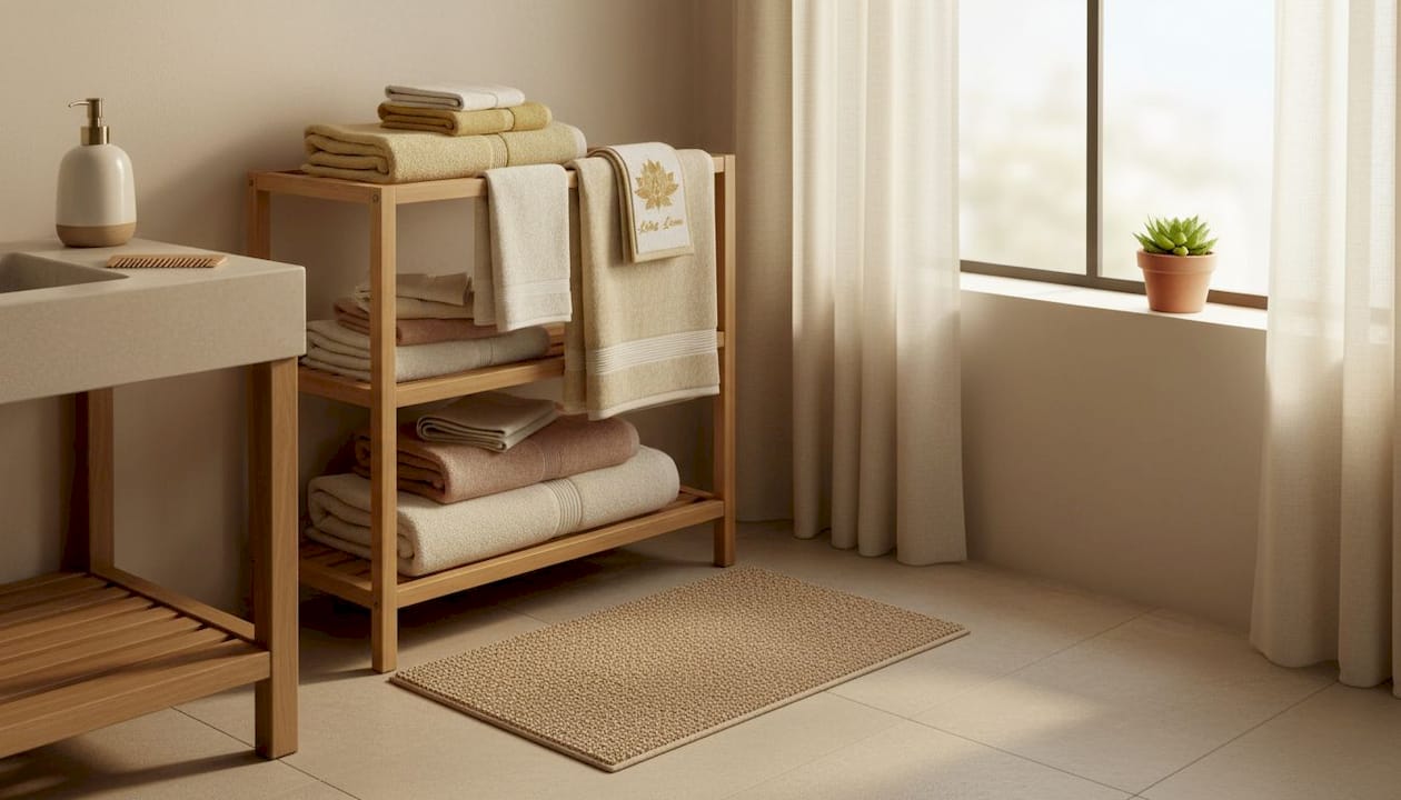 Pastel and white towels in bright bathroom