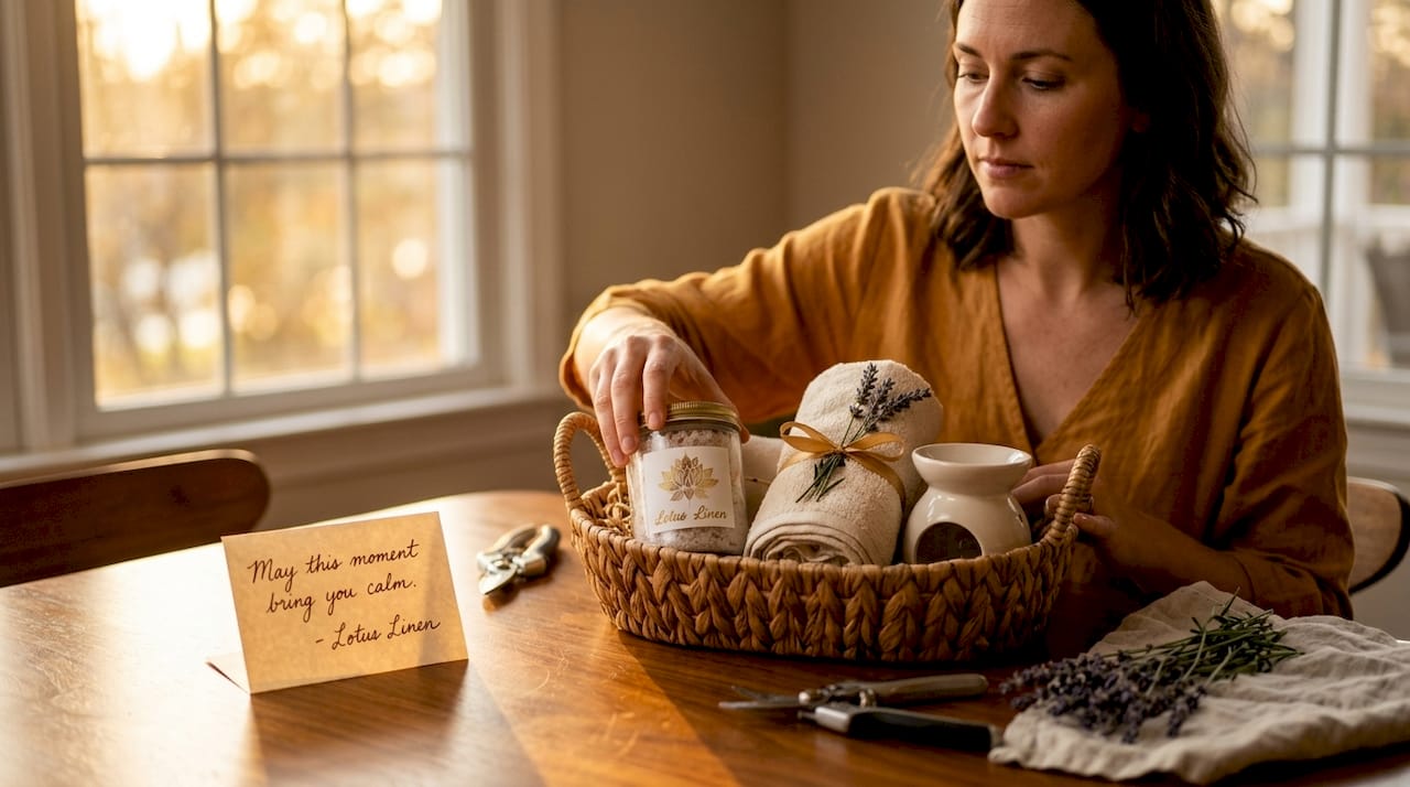 Woman assembling homemade spa gift basket at kitchen counter
