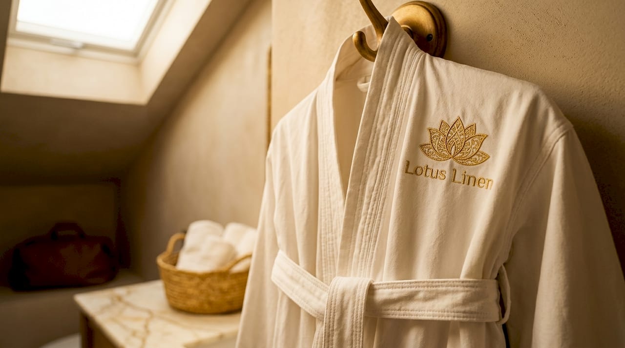 Close-up of durable stitched robe in hotel bathroom