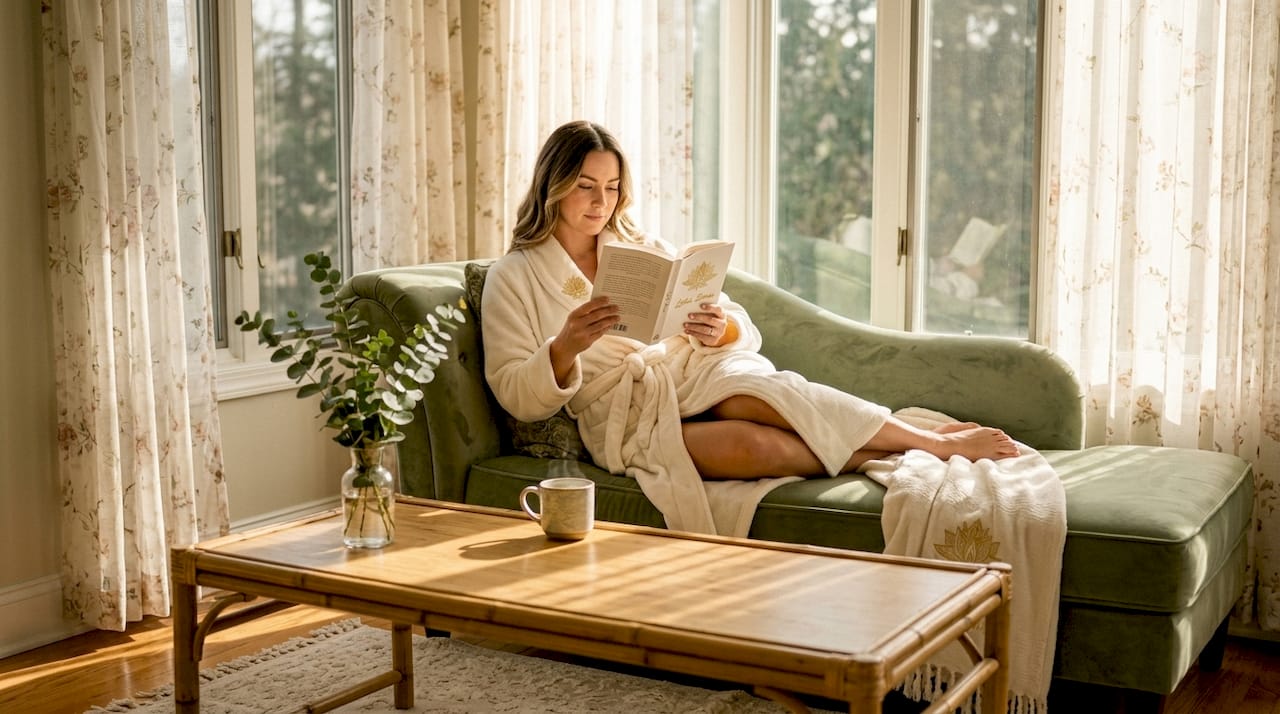 Woman reading in plush robe on loveseat