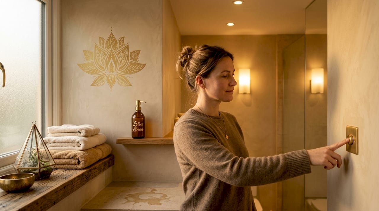 Woman adjusts bathroom lighting