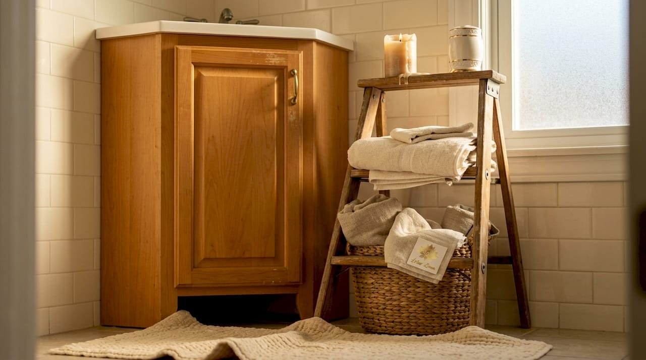 Bathroom corner cabinet and ladder shelf