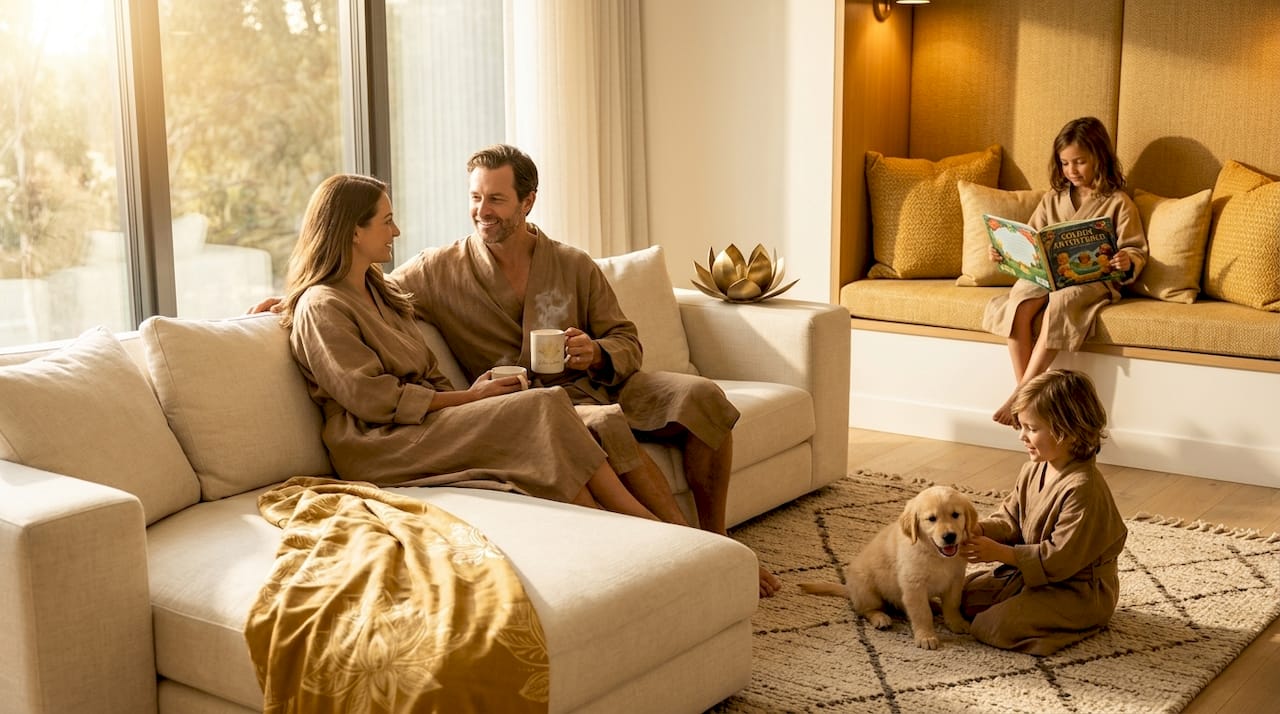 Family wearing robes relaxing at home